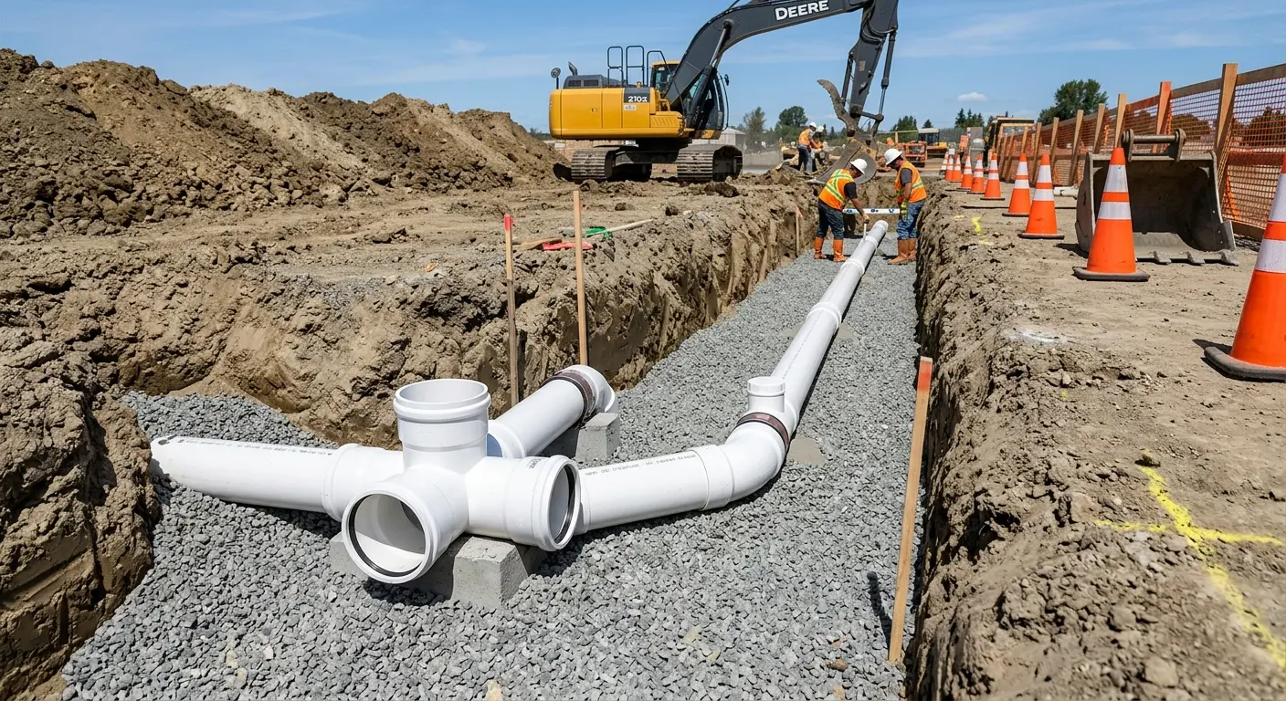 New PVC sewer pipe installation in open trench for Sewer Backup in Morro Bay