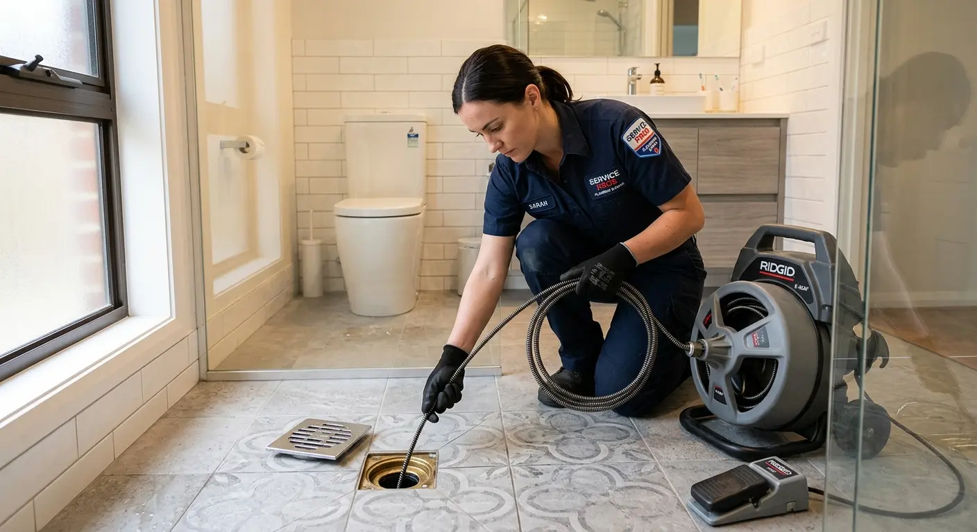 Technician clearing a bathroom floor drain for Drain Cleaning in Morro Bay